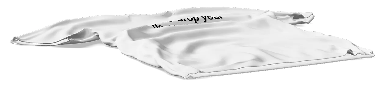 Flat t-shirt mockup shown from a dramatic angle with folds on a transparent background.