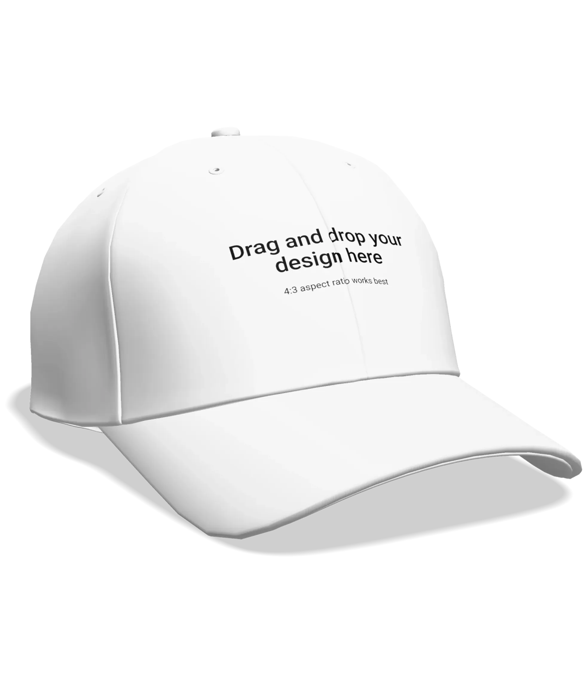 White baseball cap with text placeholder reading 'Drag and drop your design here'.