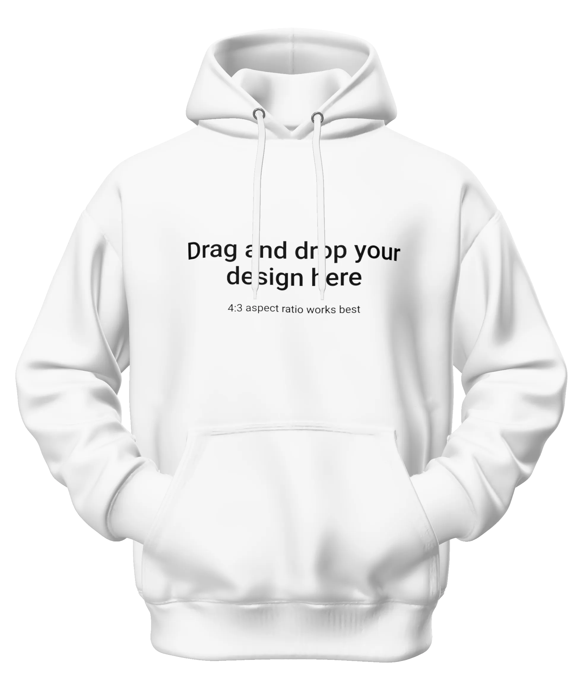 White hoodie invisible mannequin mockup with front pocket and text saying drag and drop your design here.