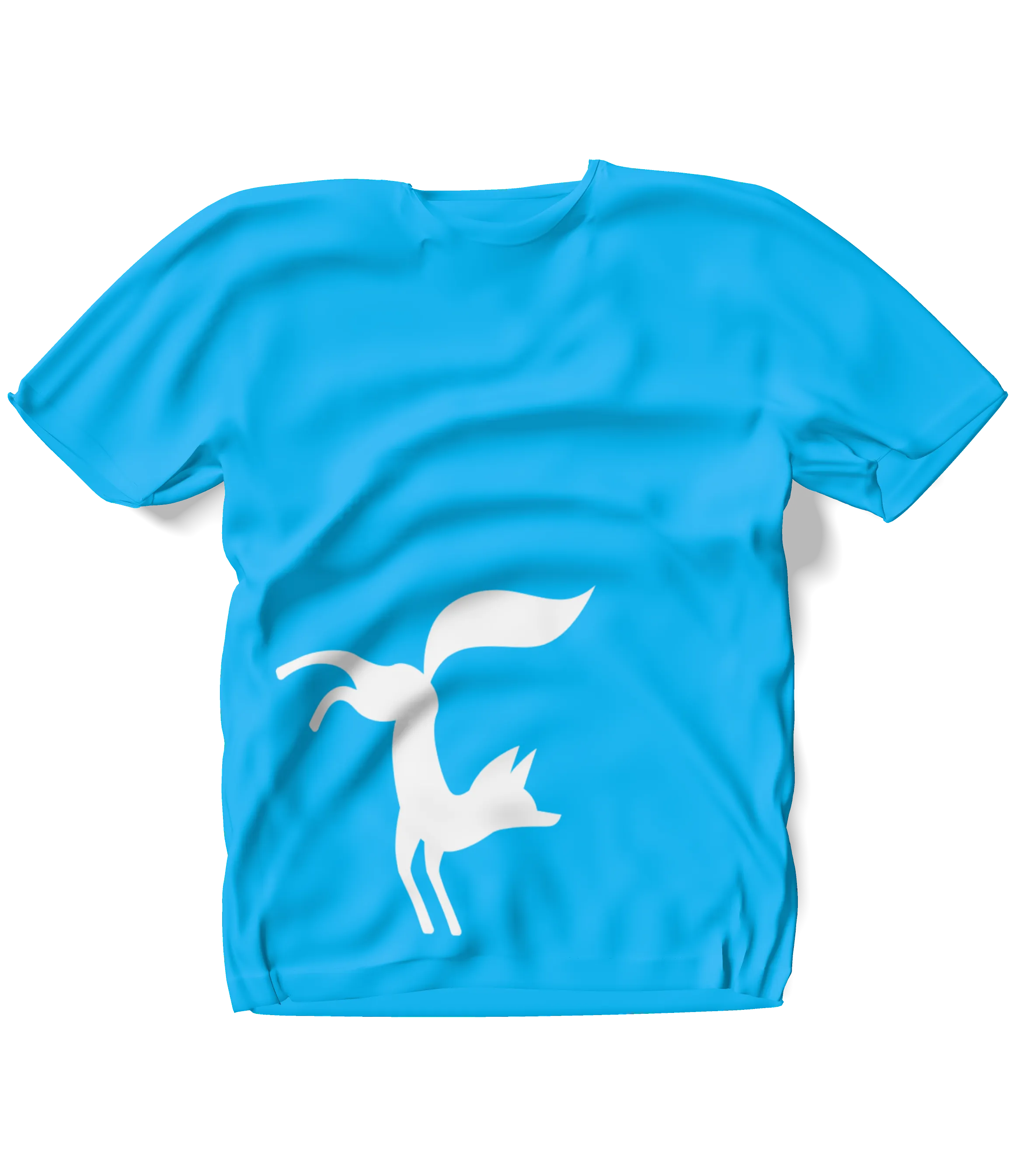 Blue t-shirt with a white silhouette of a fox standing on its front legs.