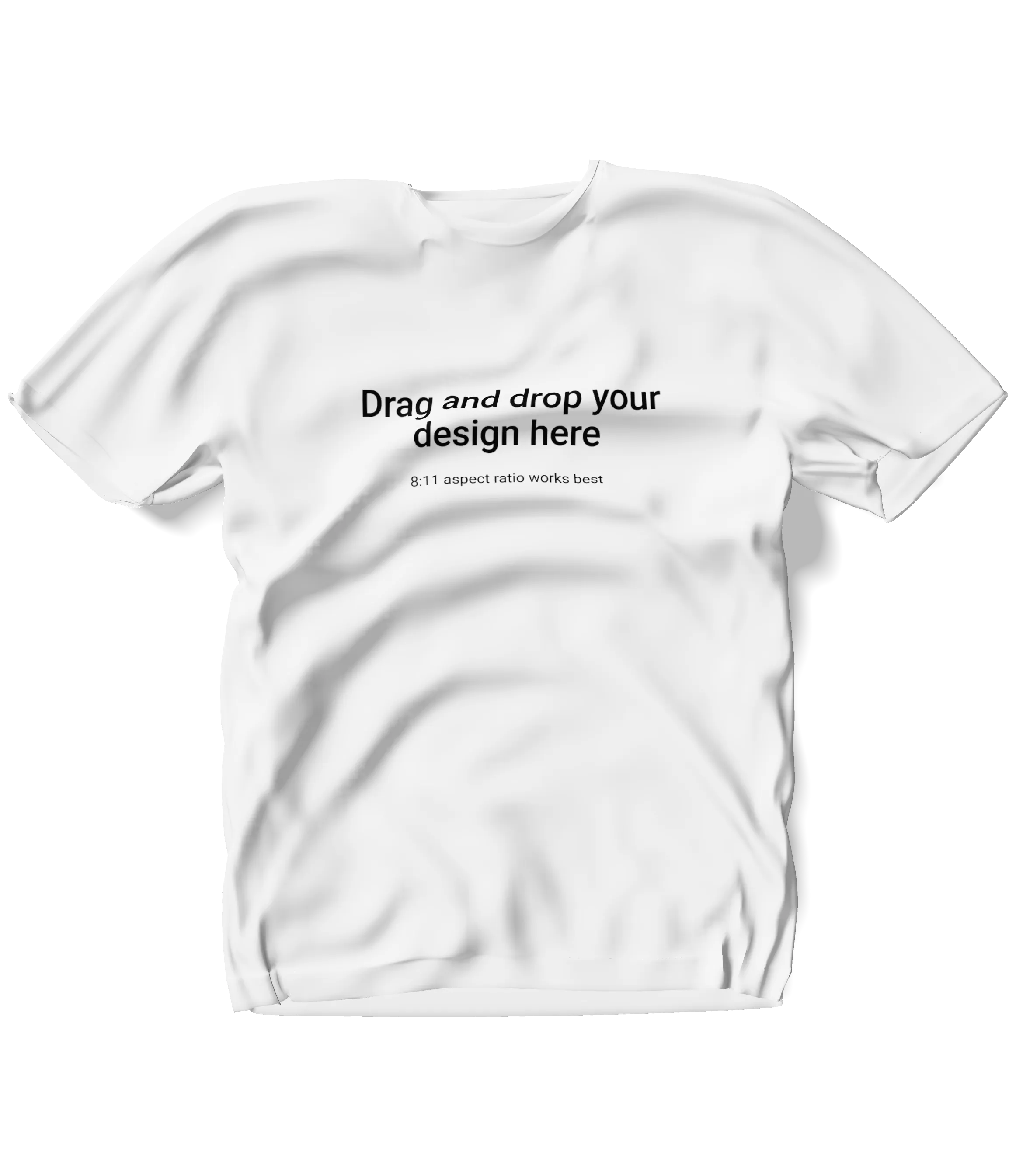 White flat T-shirt mockup on transparent background with text 'Drag and drop your design here.