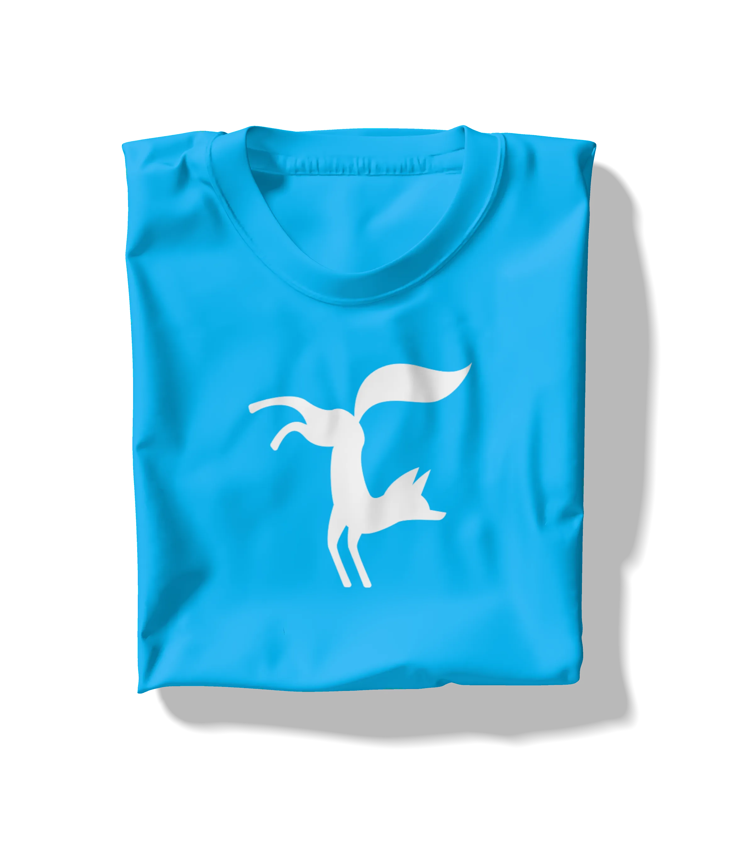 Folded bright blue T-shirt with a white stylized fox logo applied on the front.