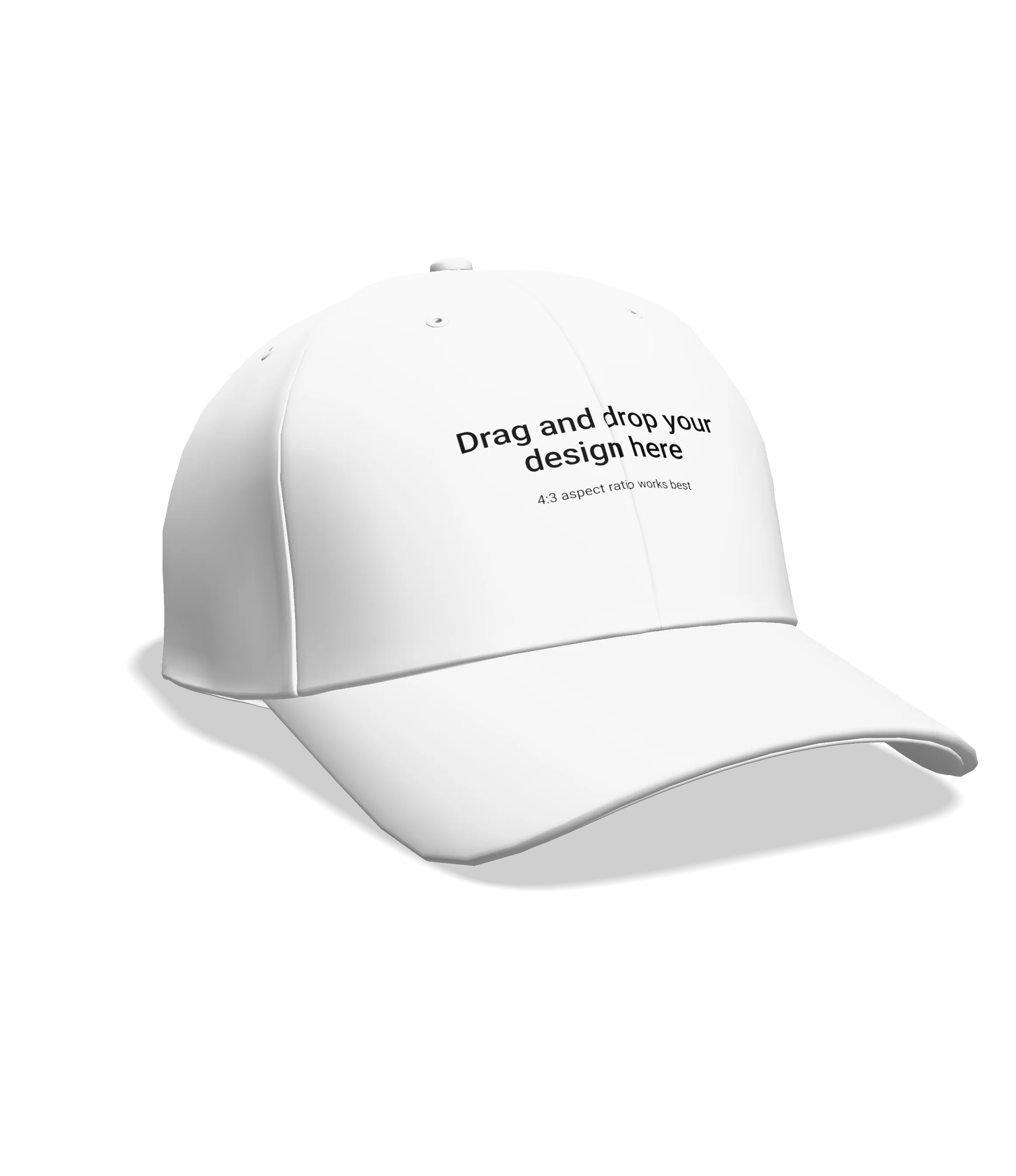 White baseball cap mockup with text 'Drag and drop your design here' on front panel.
