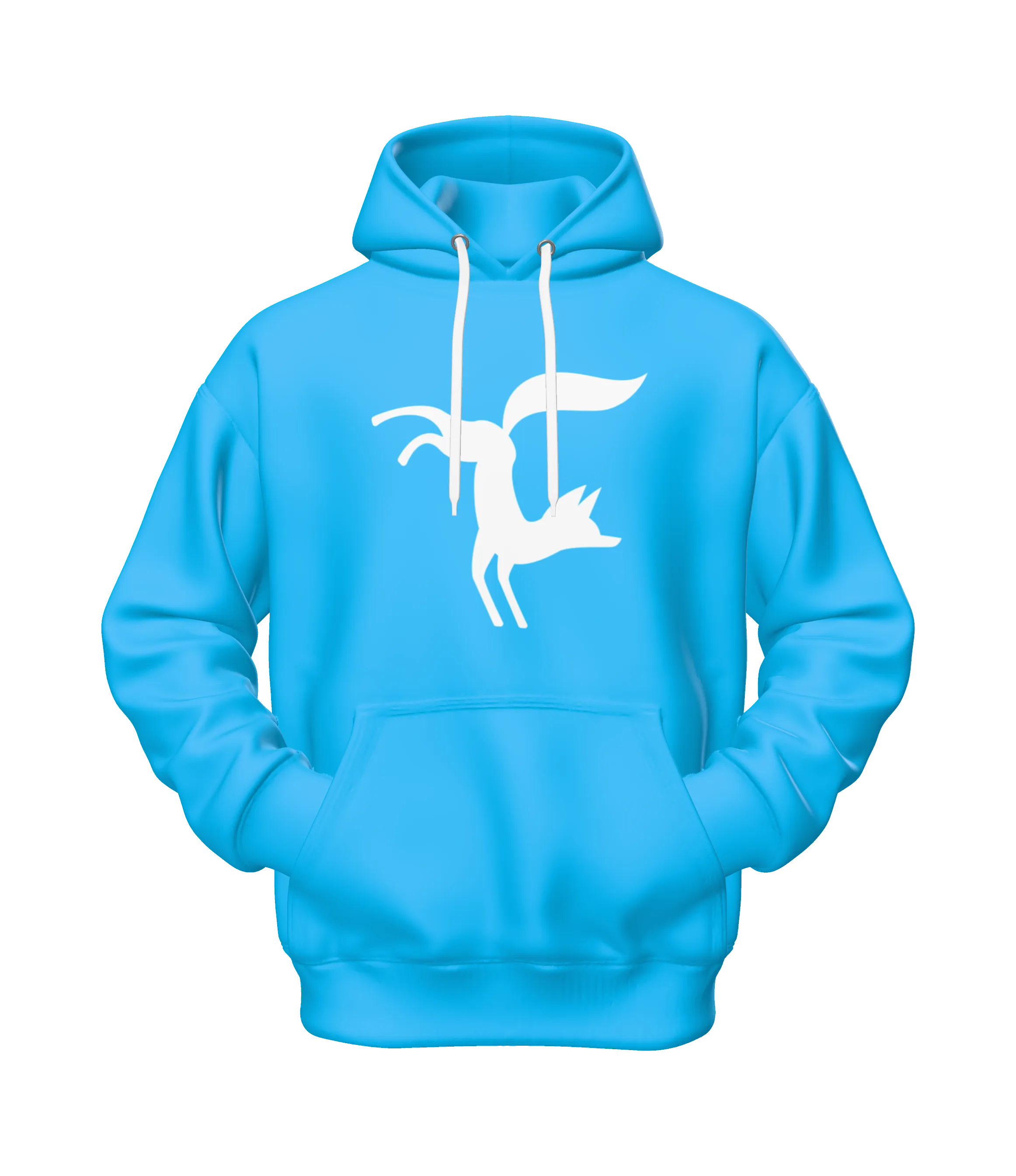 Bright blue hoodie with a white stylized fox logo on the front and white drawstrings.