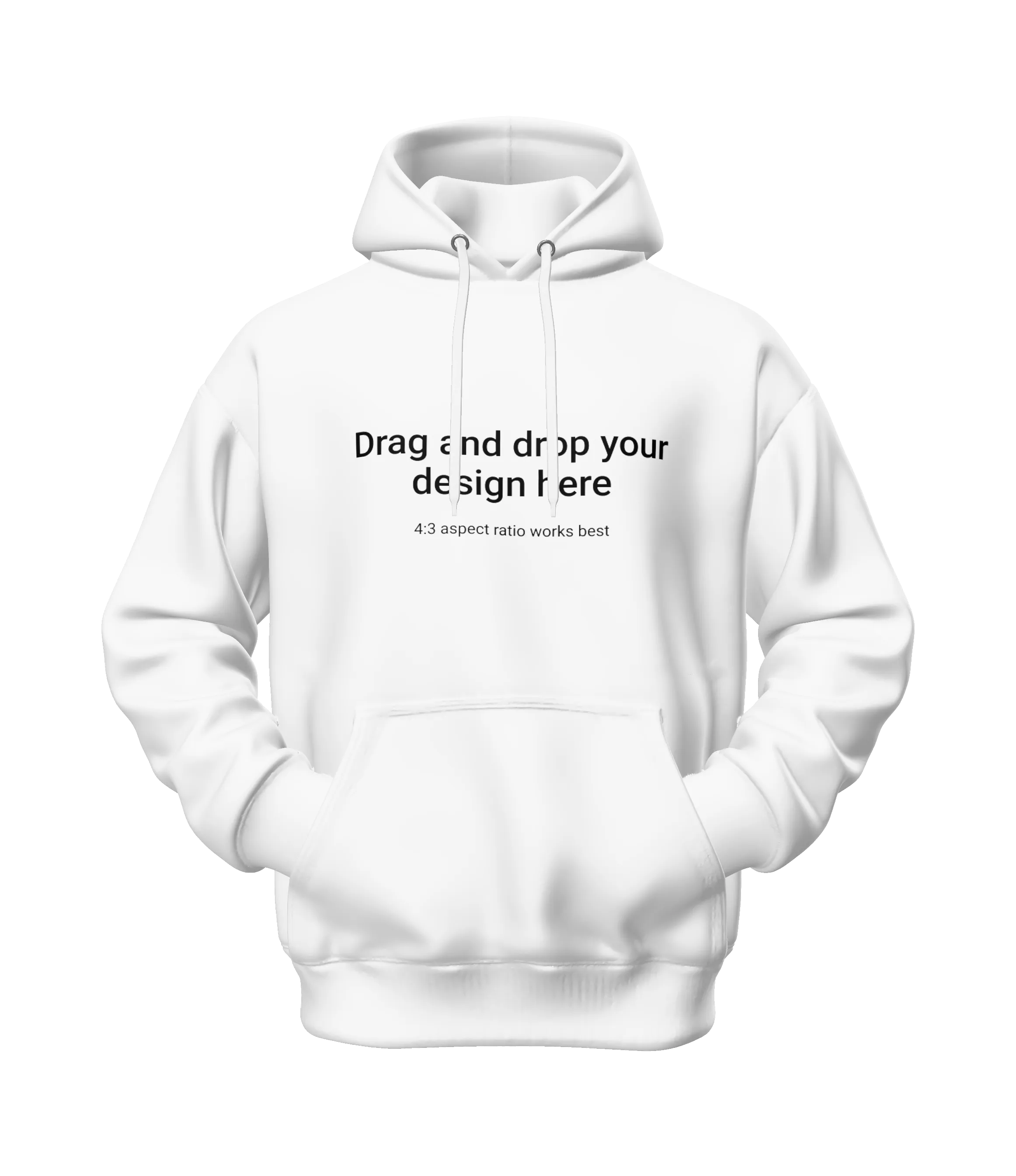 White hoodie mockup invisible mannequin look with front pocket and text saying 'Drag and drop your design here'.