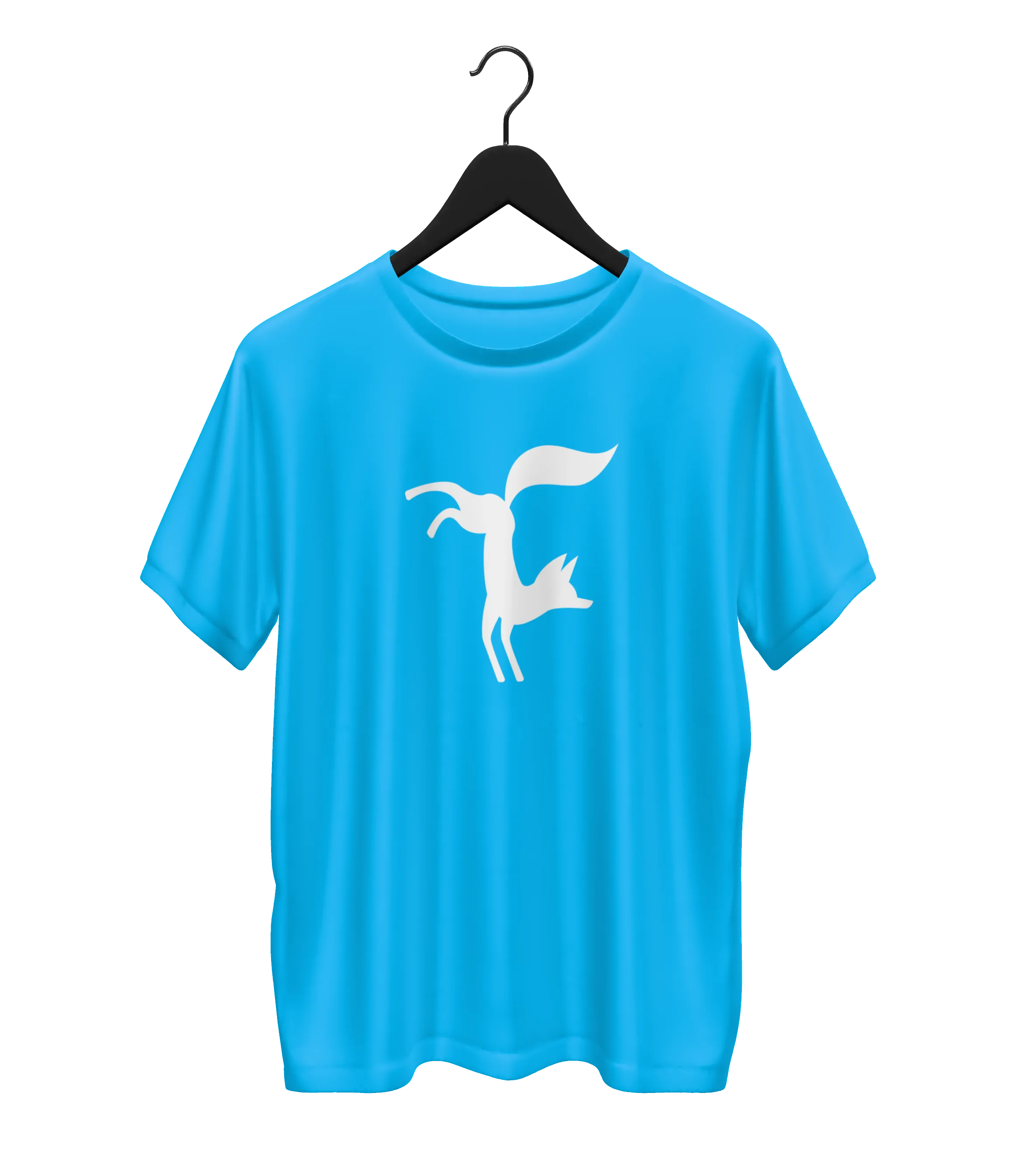 Blue t-shirt on black hanger with a white silhouette of a fox.