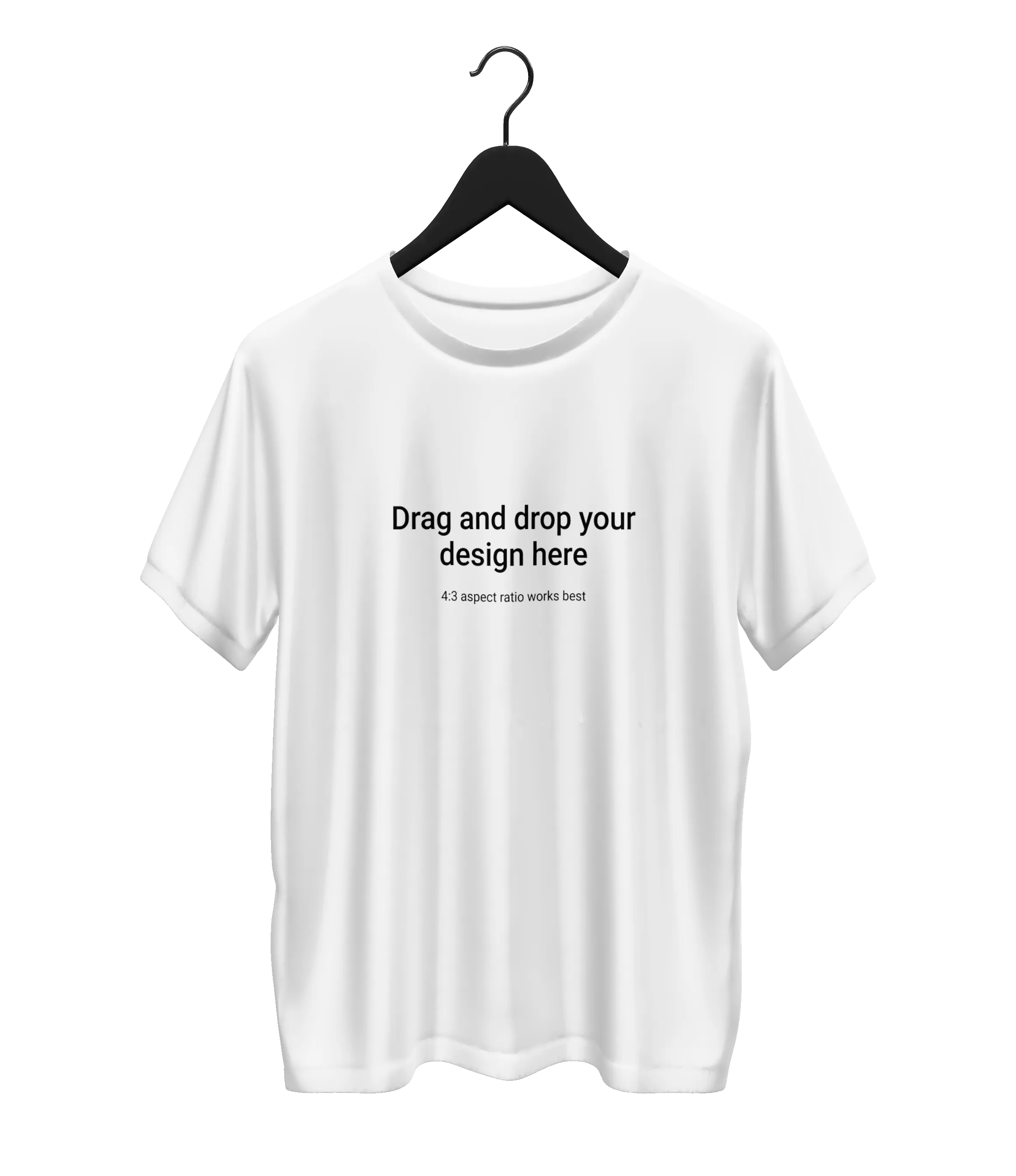 White T-shirt on black hanger with text 'Drag and drop your design here,.'