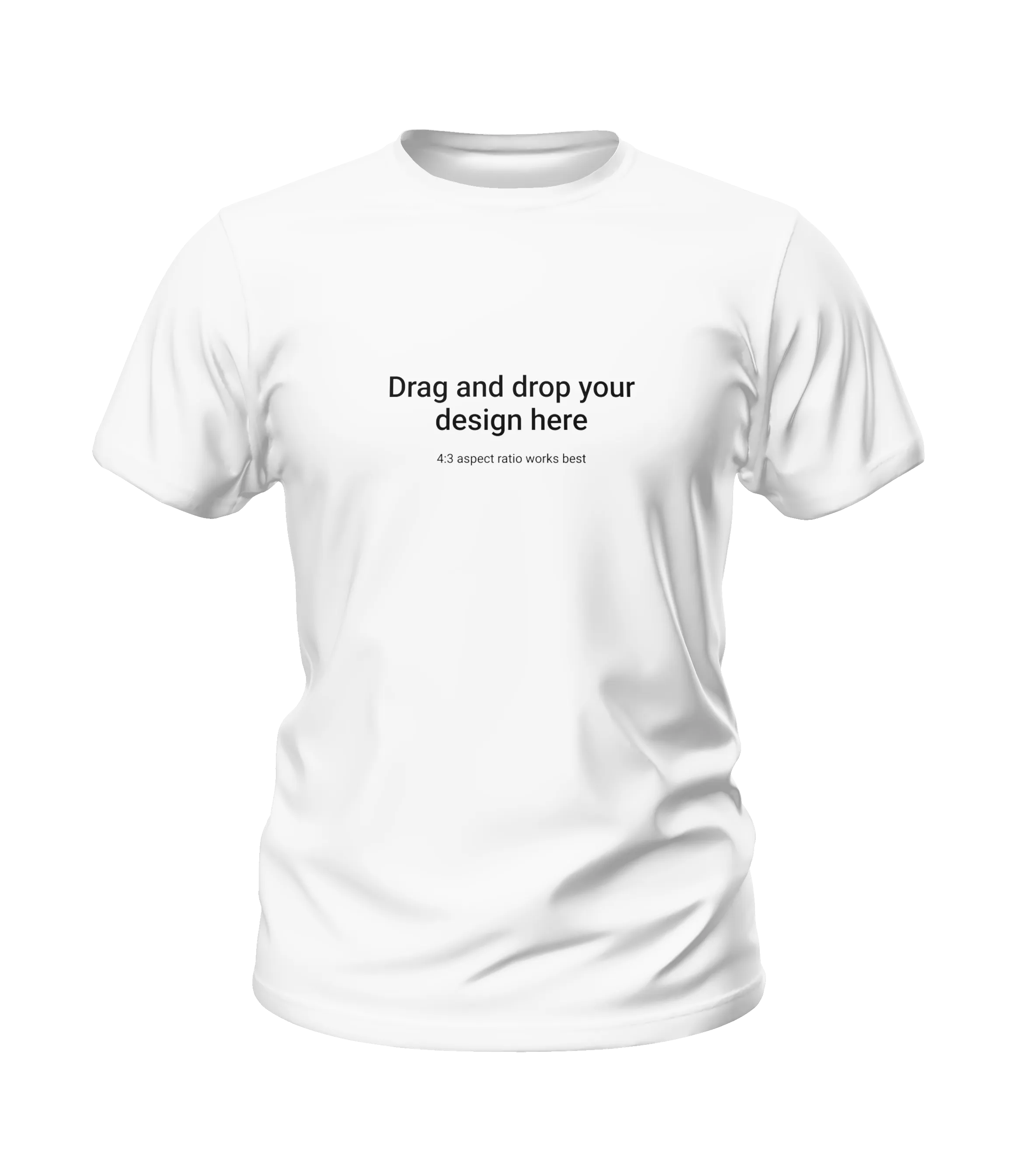 Classic white t-shirt mockup front view with text 'Drag and drop your design here.' on transparent background.