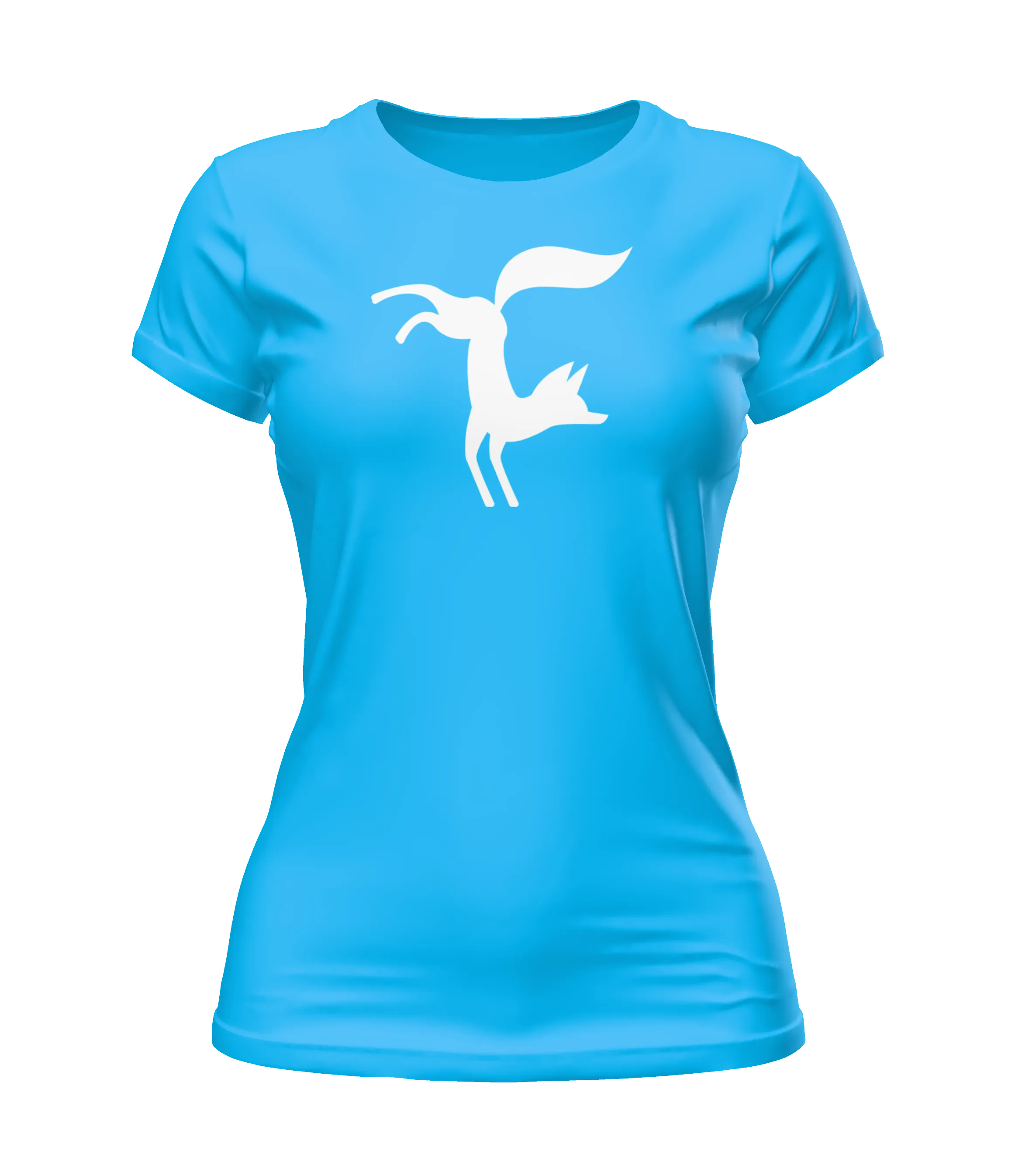 Blue women's fitted t-shirt mockup with a white graphic of a fox the chest.