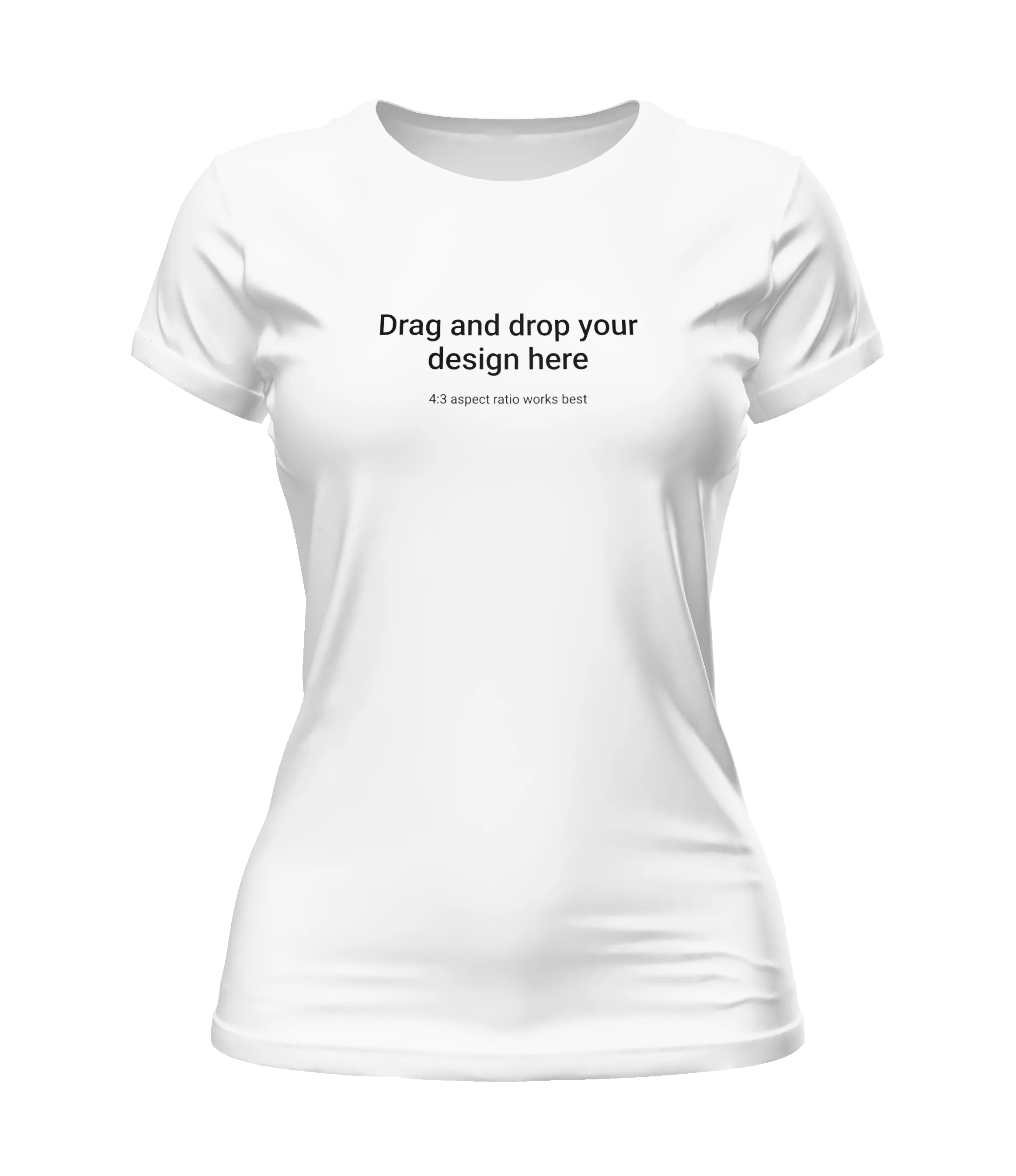 White fitted women's t-shirt mockup invisible mannequin effect with text 'Drag and drop your design here' on the chest area.