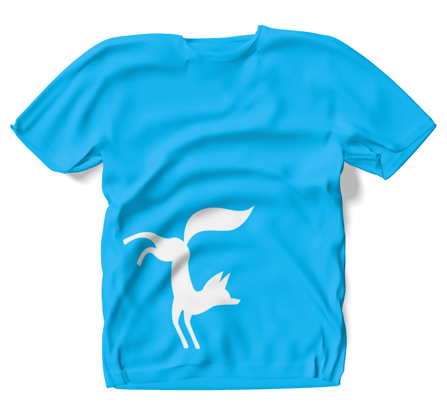 Blue t-shirt with a white stylized fox graphic on the front.
