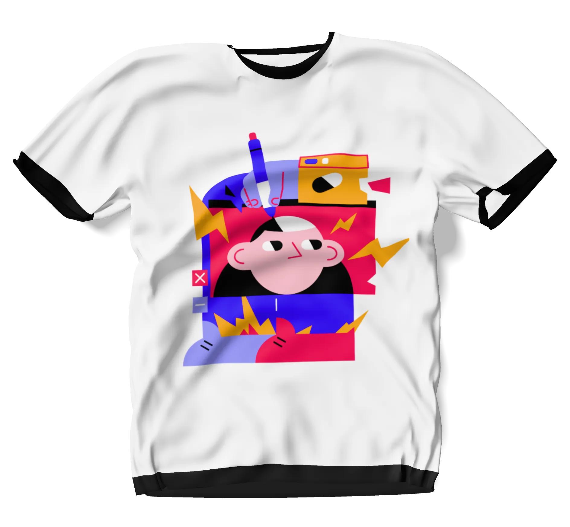 White ringer T-shirt with abstract colorful face art and geometric shapes on front.