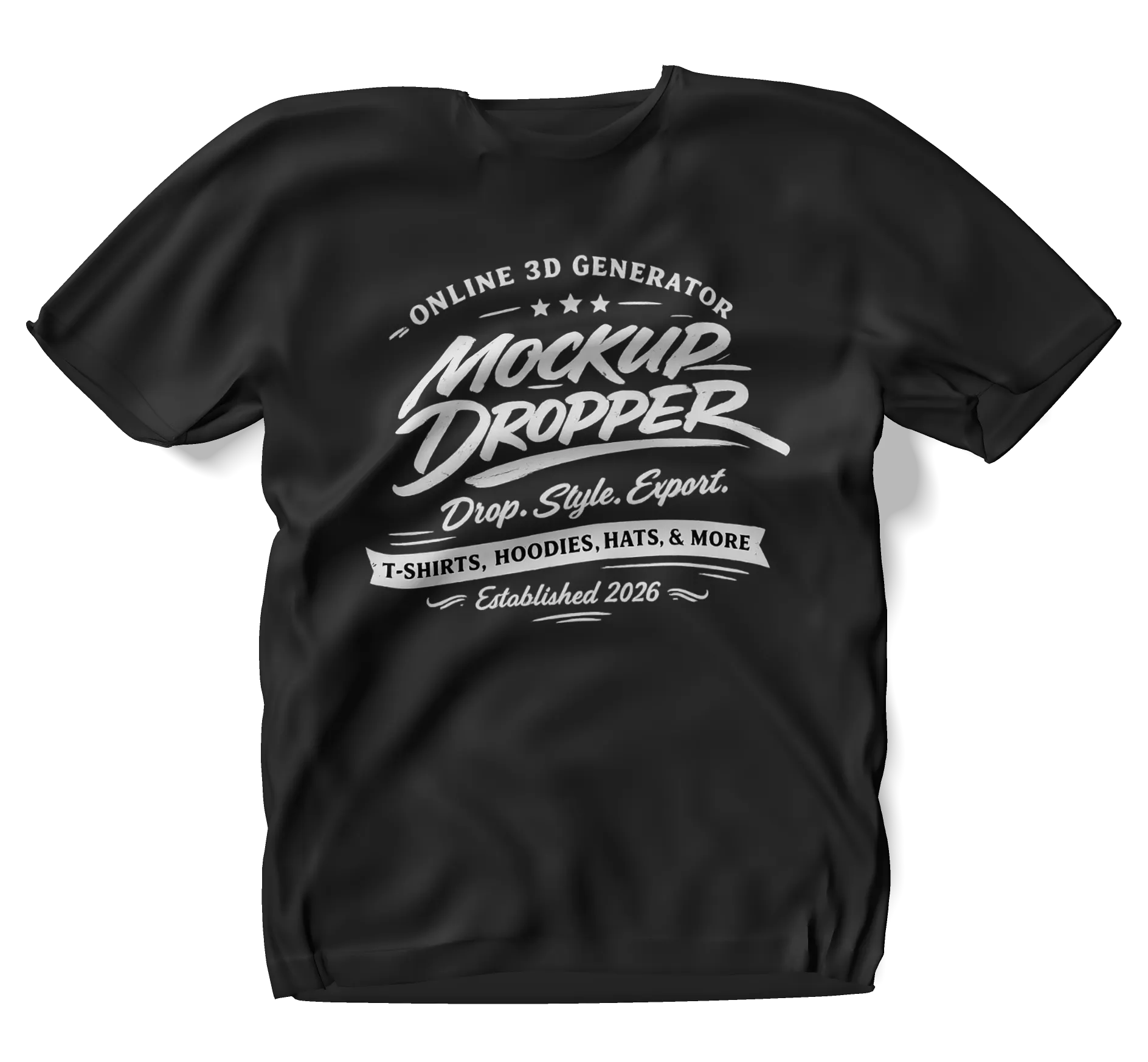Black t-shirt with white text promoting Mockup Dropper, an online 3D generator for apparel.