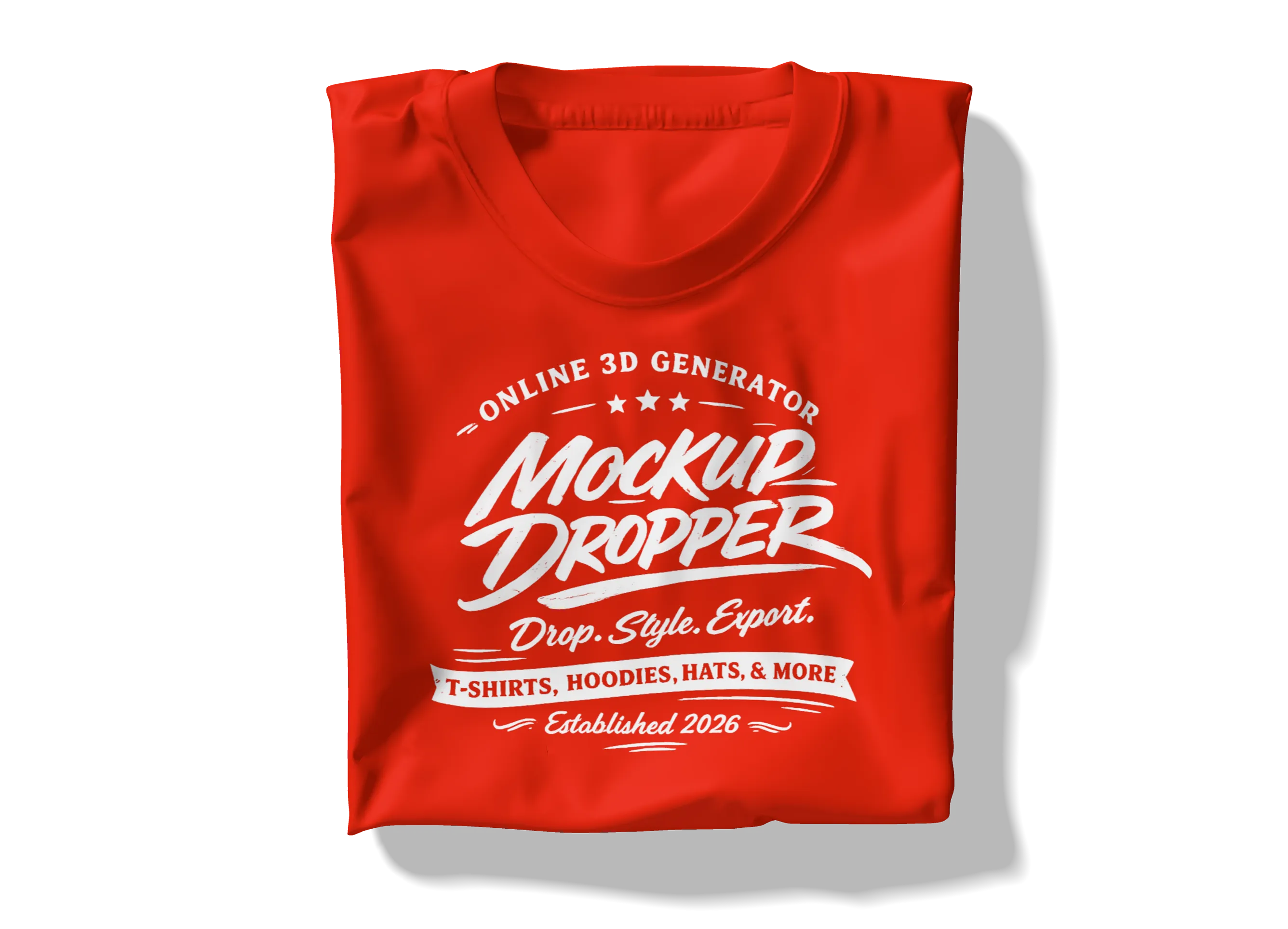 Folded t-shirt mockup with design featuring a red shirt and white graphic design applied to the front
