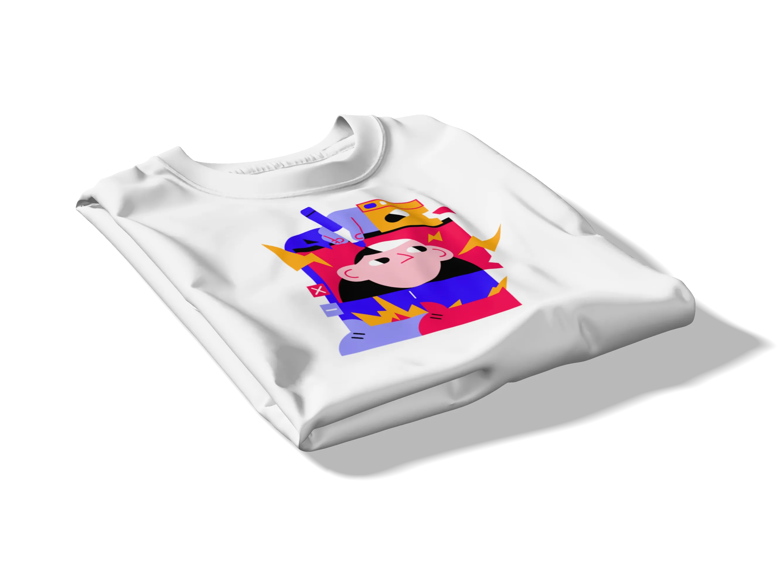 Folded white t-shirt mockup on an angle with a colorful abstract graphic on the front.