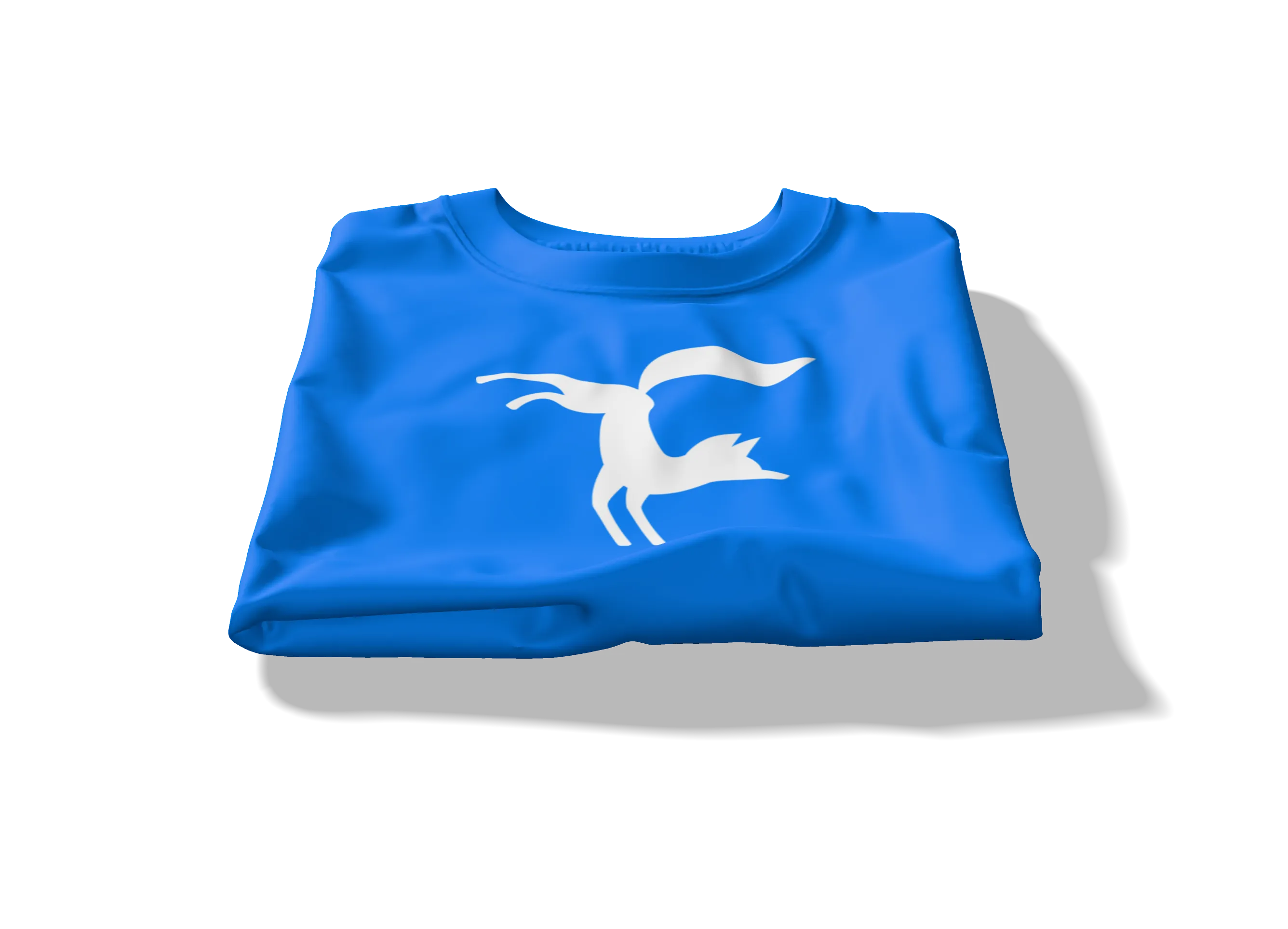 Folded t-shirt mockup with design applied—blue shirt and fox graphic on center of shirt